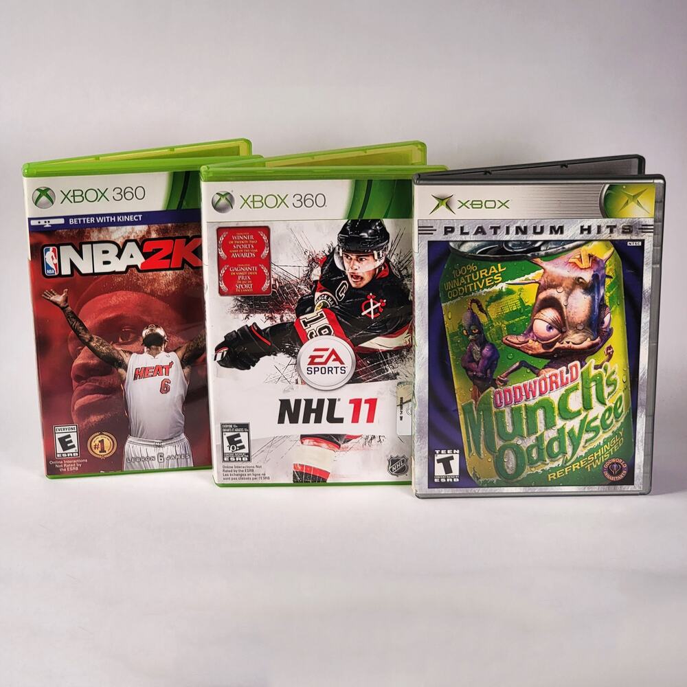 3 XBOX 360 Games NBA 2K14, NHL 11, & Oddworld Munch's Oddysee Pre-Owned Complete